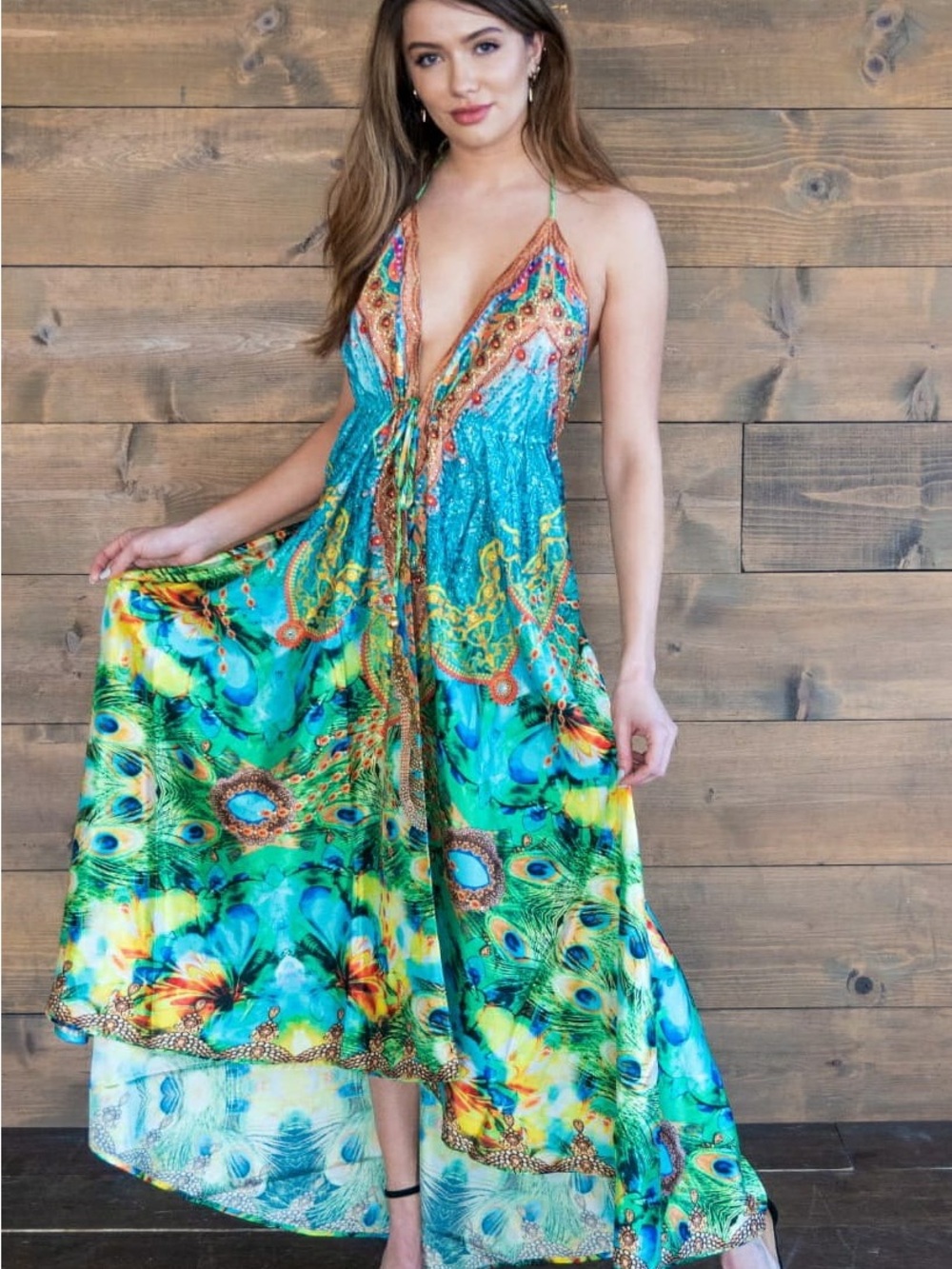 (Free T-shirt with purchase!) Turquoise Peacock-Print Halter Maxi Dress